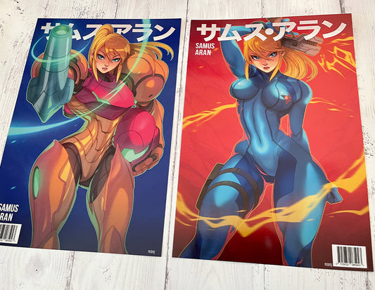 zero suit and varia suit samus drawing by edwin huang