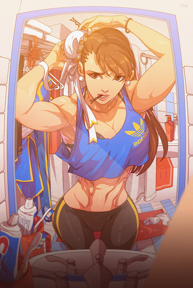 chun li getting ready in her bathroom. street fighter drawing by edwin huang