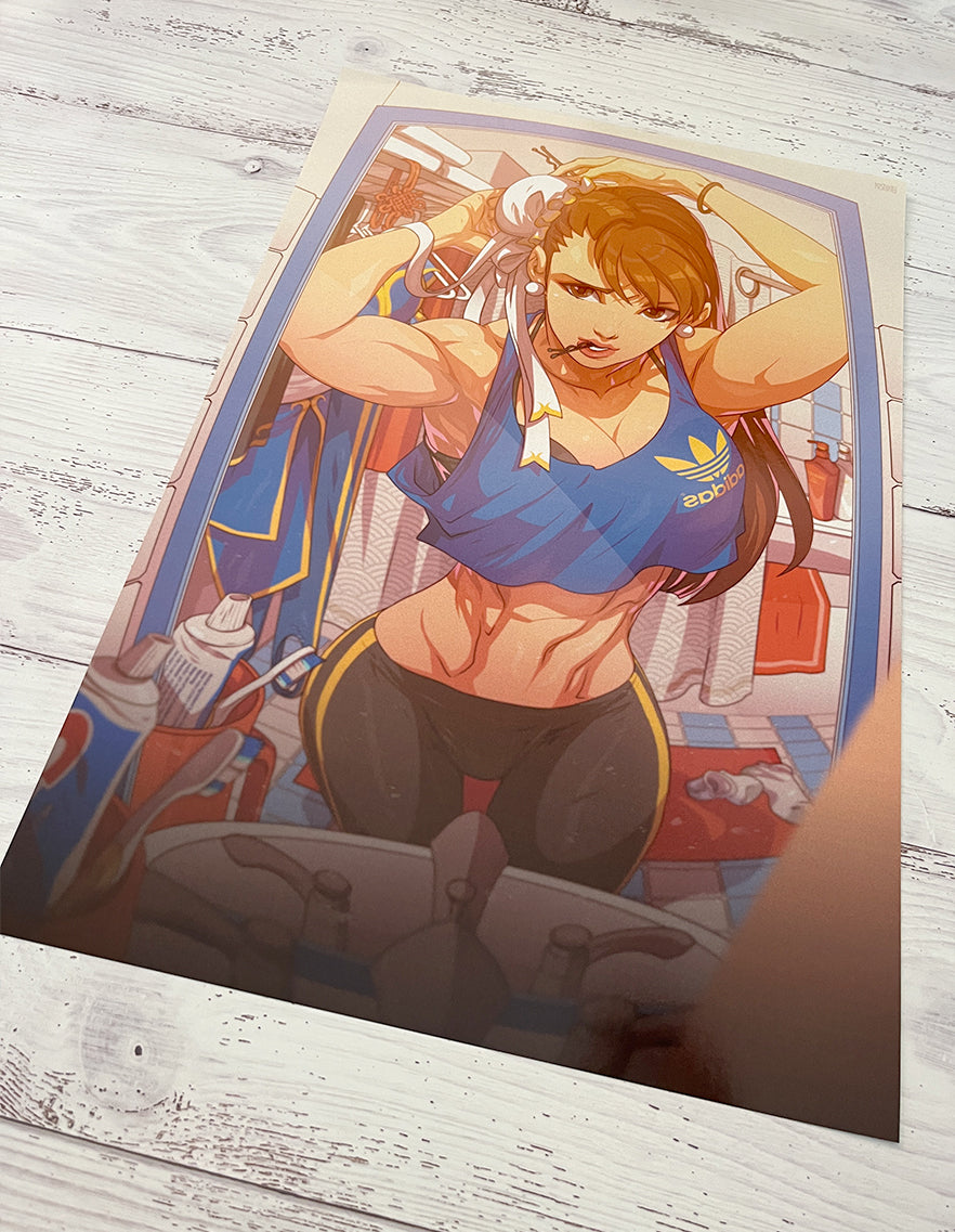 chun li getting ready in her bathroom. street fighter drawing by edwin huang