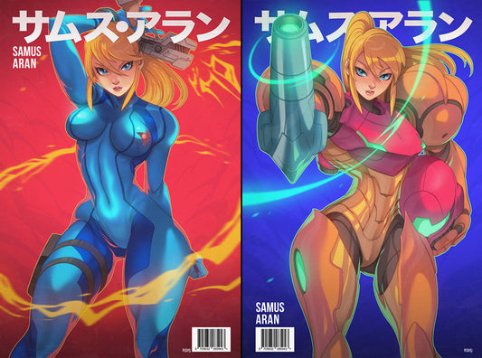 zero suit and varia suit samus drawing by edwin huang